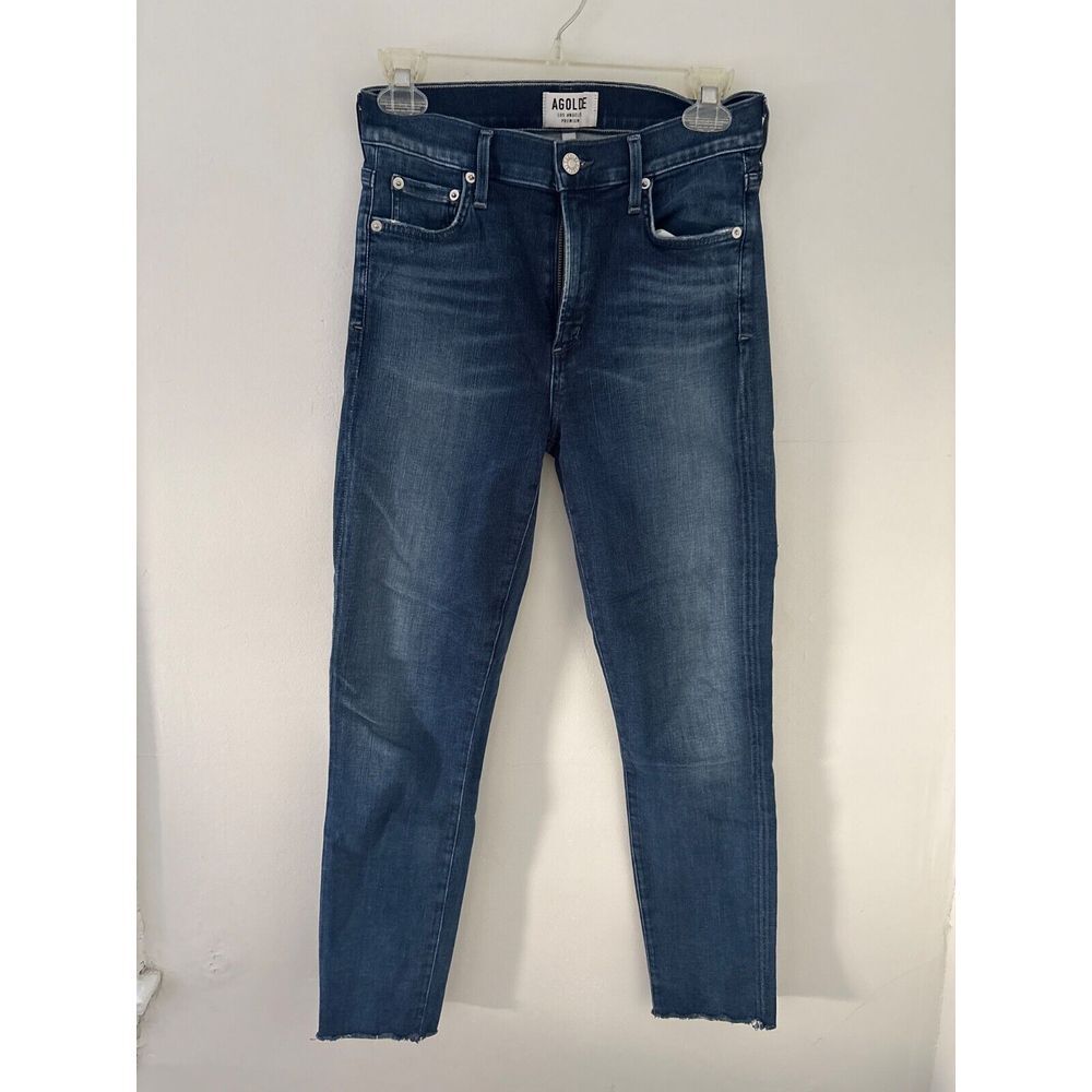 agolde jeans 27  blue denim medium wash high rise jeans Raw hem  A018-2022
